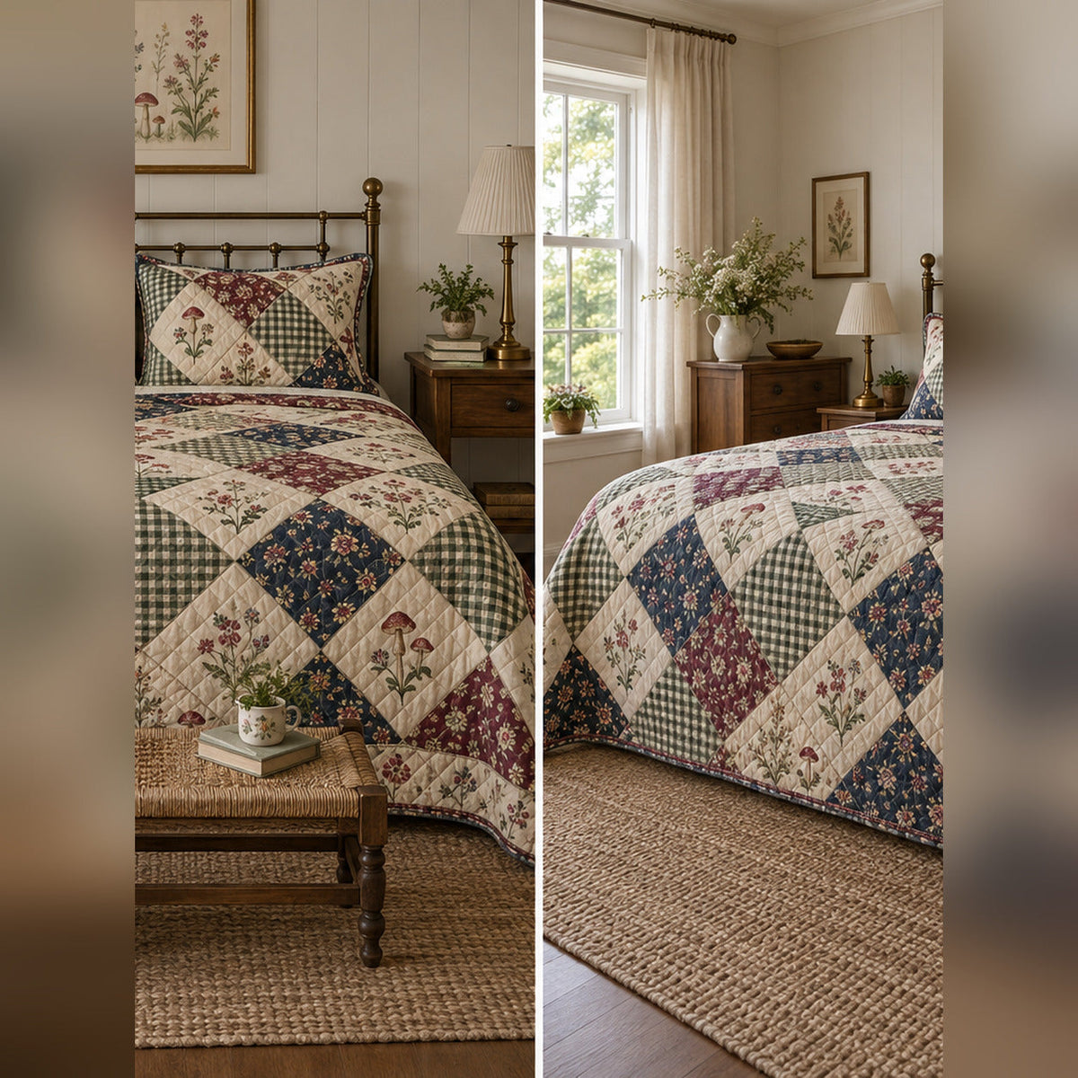 Heirloom Cottage Patchwork Print Quilt Set, front cottagecore bedroom bedroom view