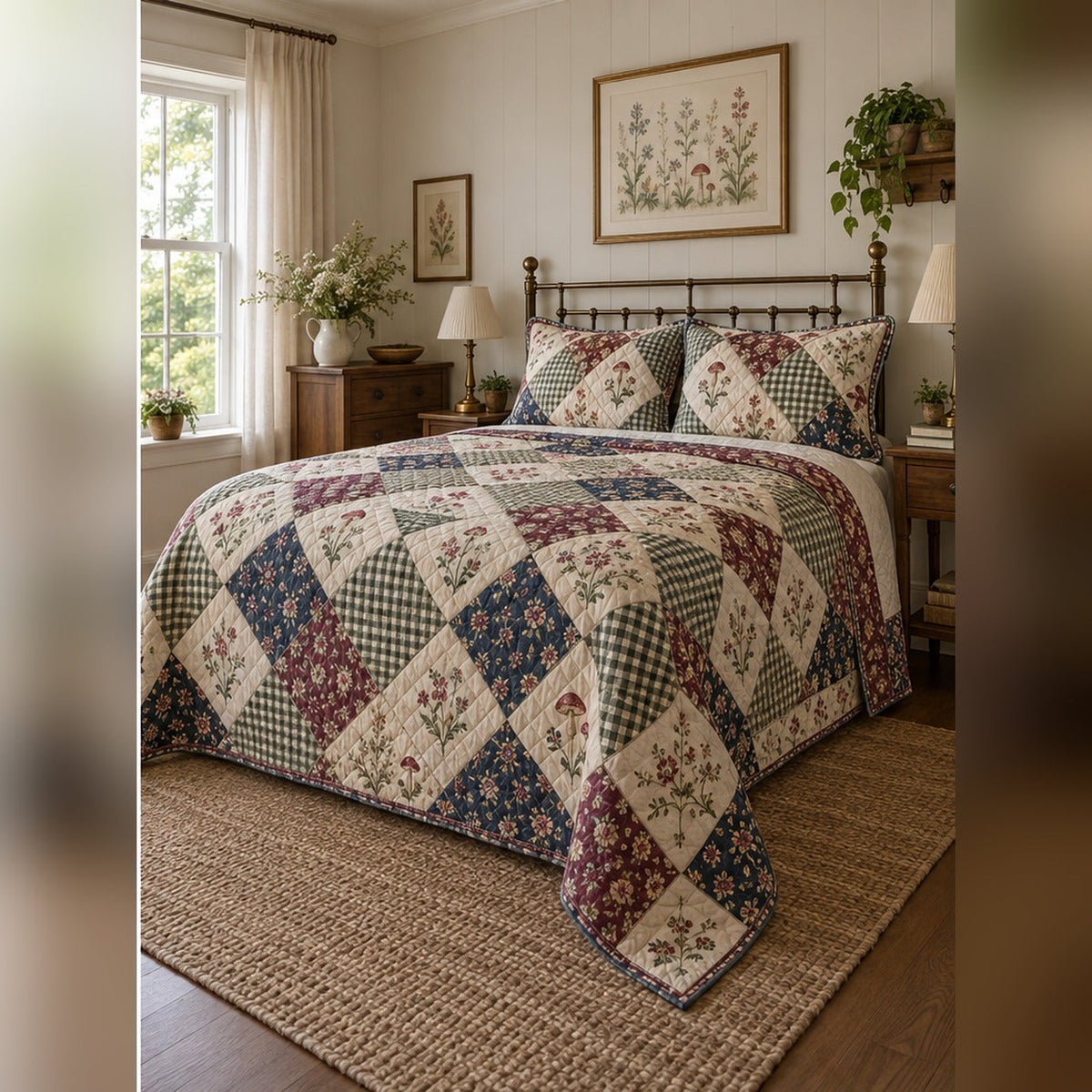 Heirloom Cottage Patchwork Print Quilt Set, angled cottagecore bedroom bedroom view