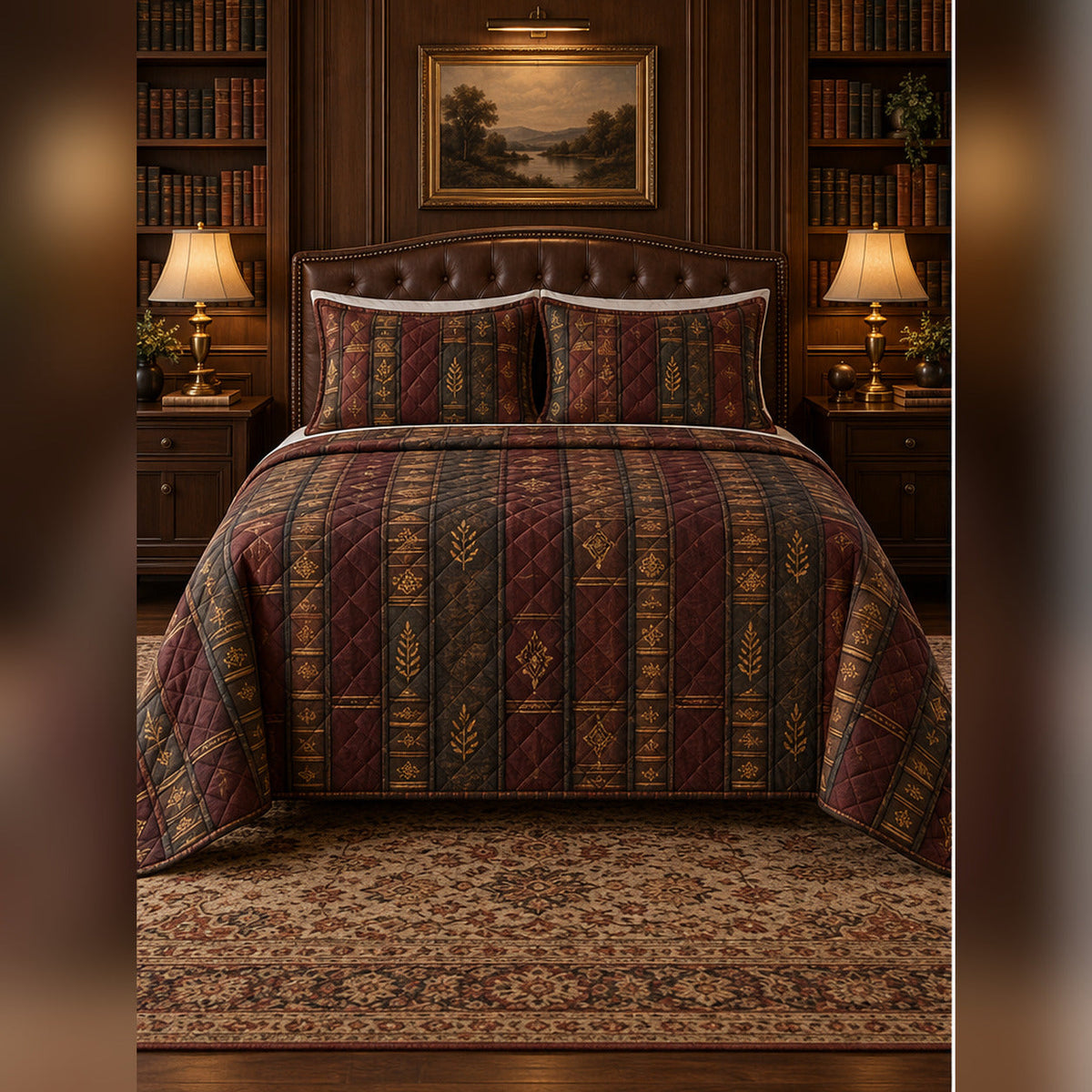 Classic Oxblood Library Quilt Set, front dark academia bedroom bedroom view