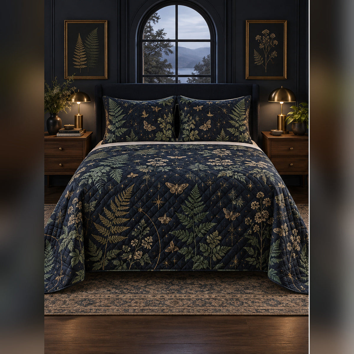 Midnight Botanical Study Quilt Set, front dark academia bedroom bedroom view