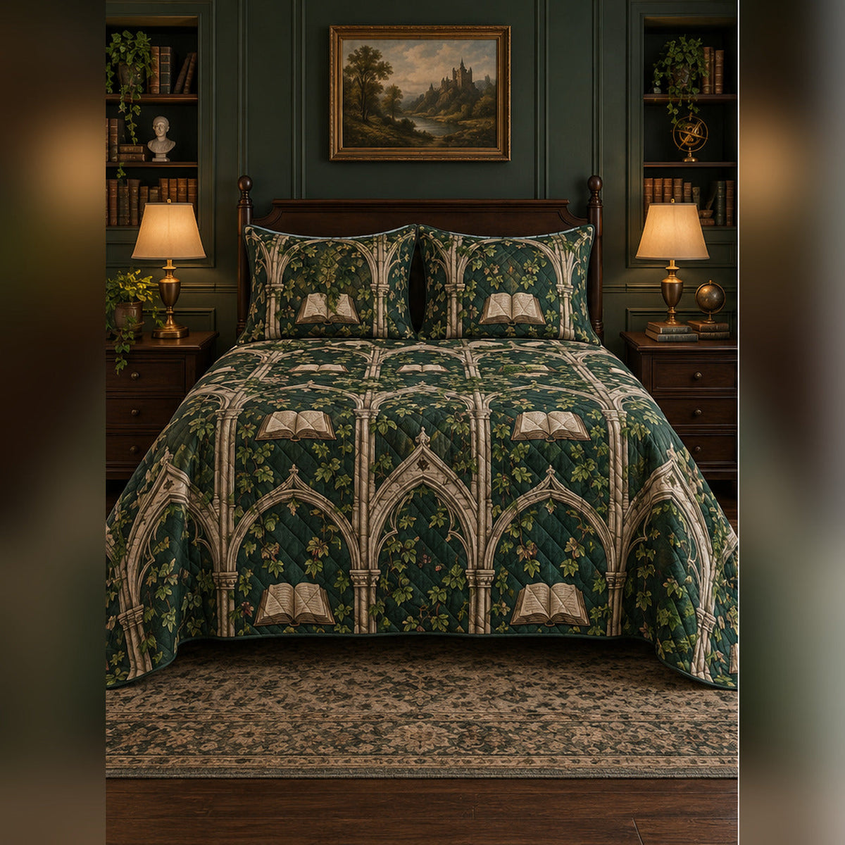 Forest Green Scholarly Arch Quilt Set, front dark academia bedroom bedroom view