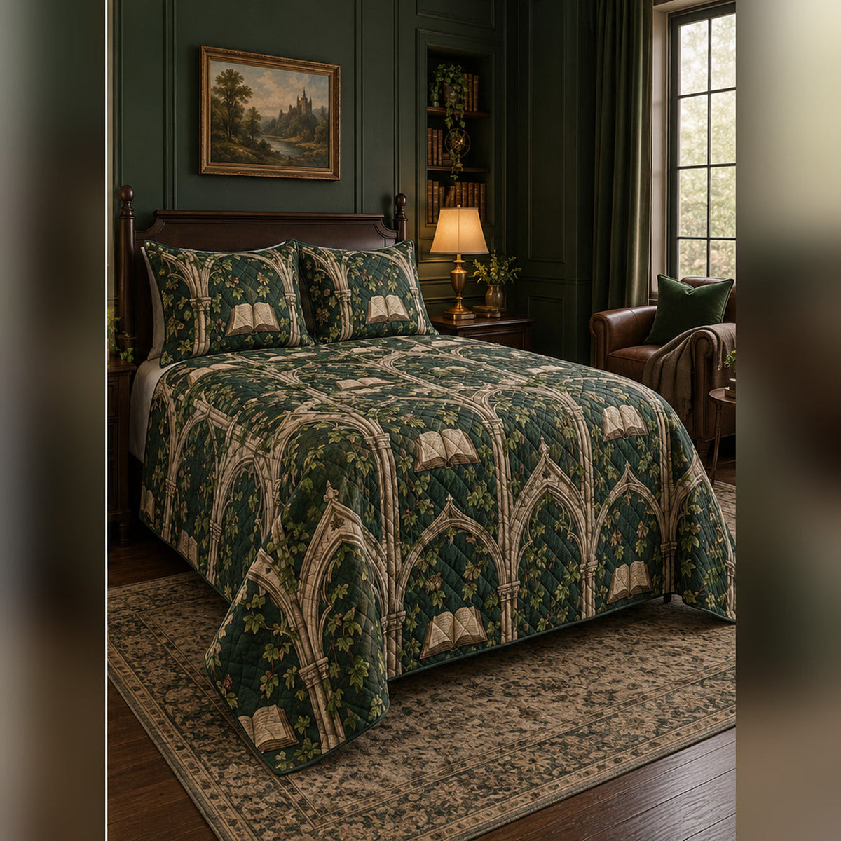 Forest Green Scholarly Arch Quilt Set, angled dark academia bedroom bedroom view
