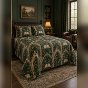 Forest Green Scholarly Arch Quilt Set, angled dark academia bedroom bedroom view