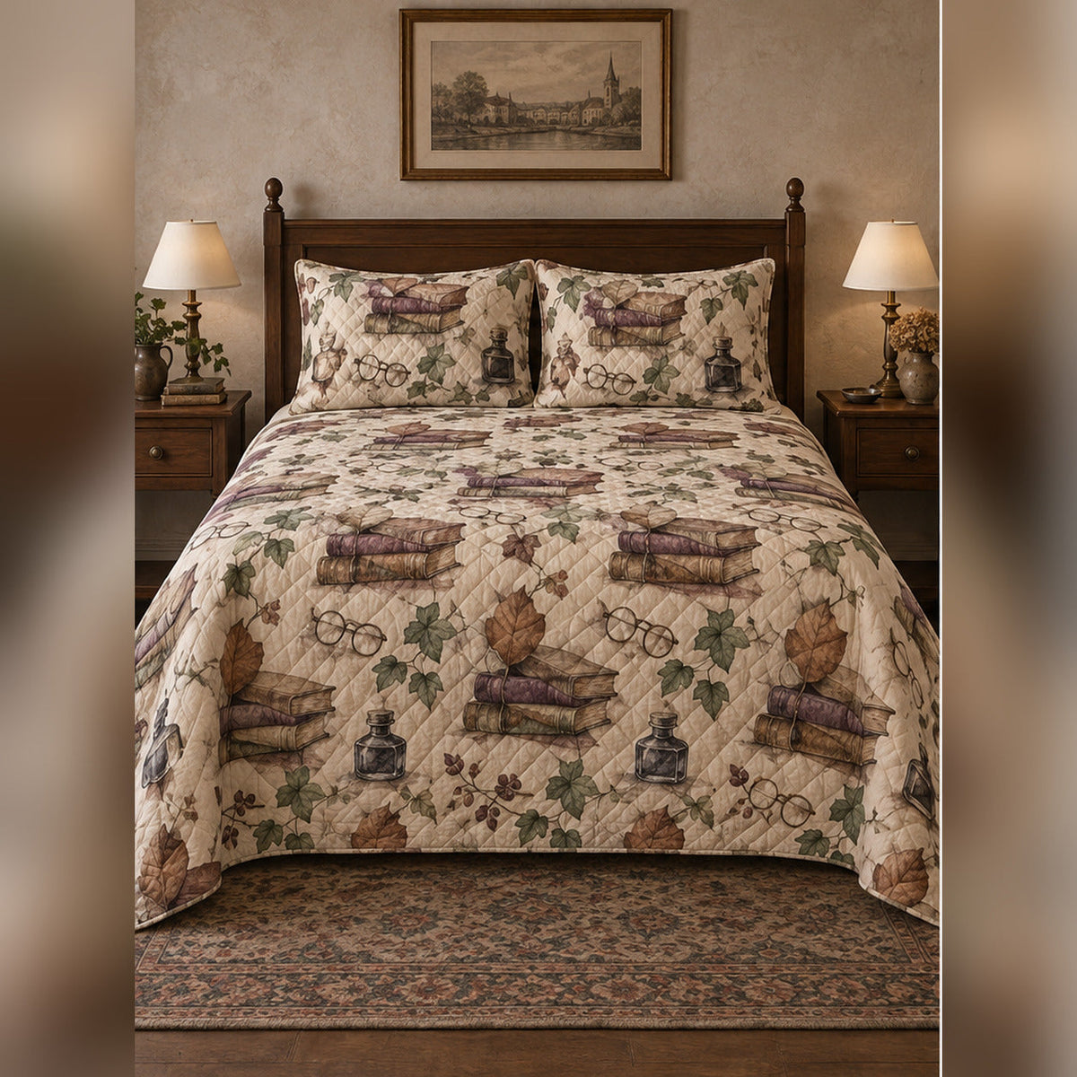 Watercolor Antique Study Quilt Set, front dark academia bedroom bedroom view