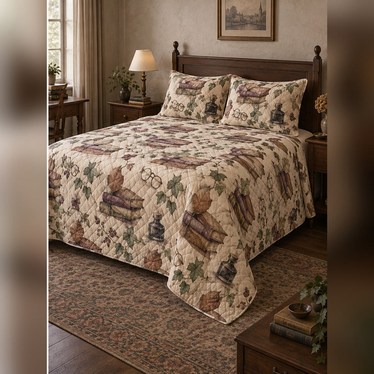 Watercolor Antique Study Quilt Set, angled dark academia bedroom bedroom view