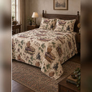 Watercolor Antique Study Quilt Set, angled dark academia bedroom bedroom view