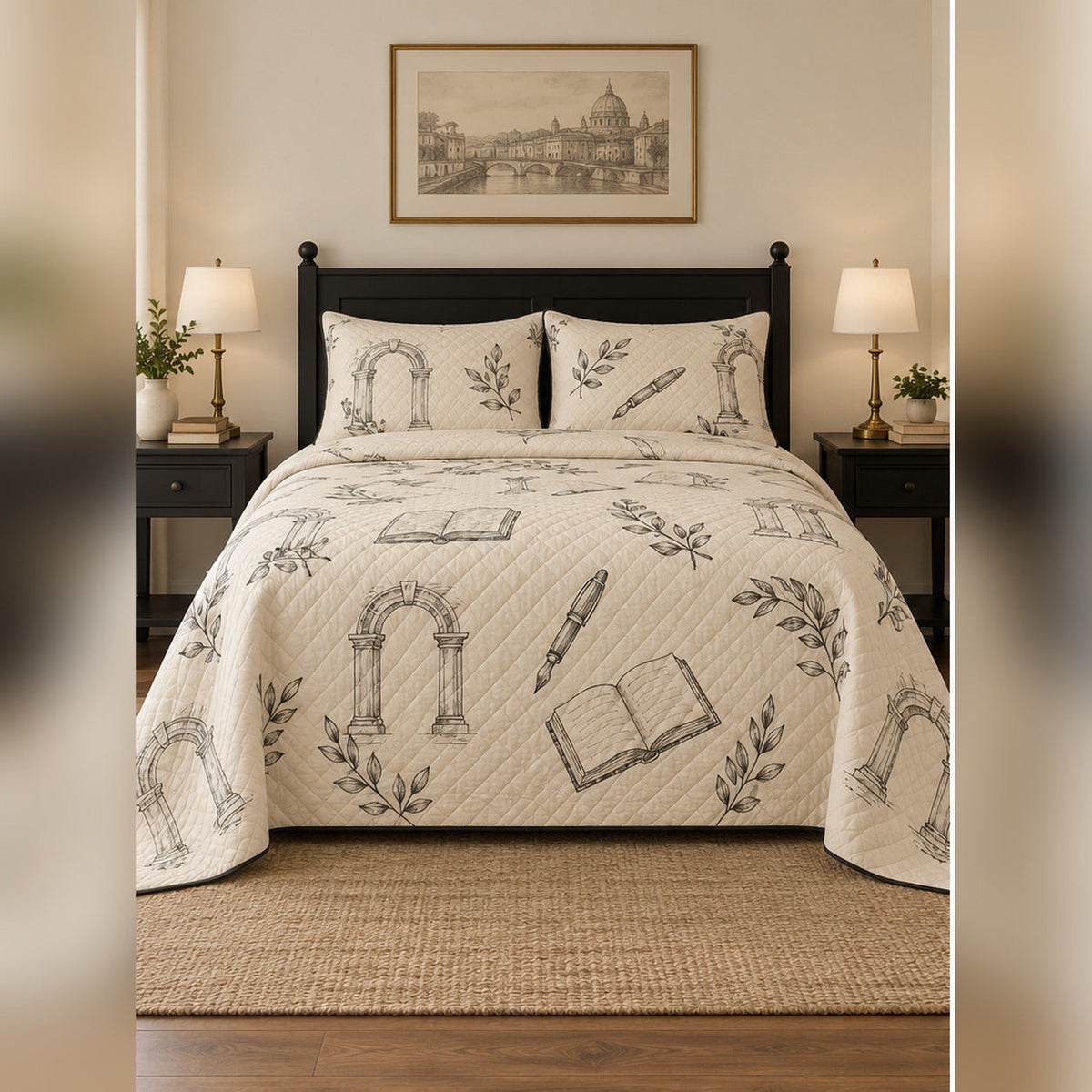 Minimal Charcoal Academia Quilt Set, front dark academia bedroom bedroom view