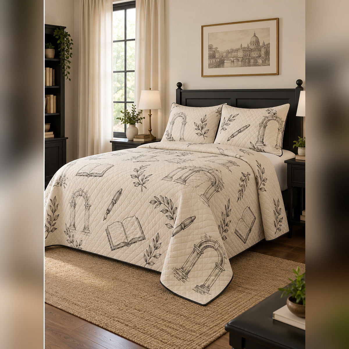 Minimal Charcoal Academia Quilt Set, angled dark academia bedroom bedroom view