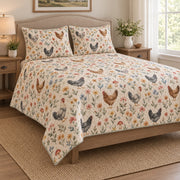 Chicken Wildflower Mushroom Farmhouse Quilt Set: angled bedroom view showing the quilt artwork and coordinating shams