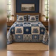 Indigo Book and Star Block Print Quilt Set, front dark academia bedroom bedroom view