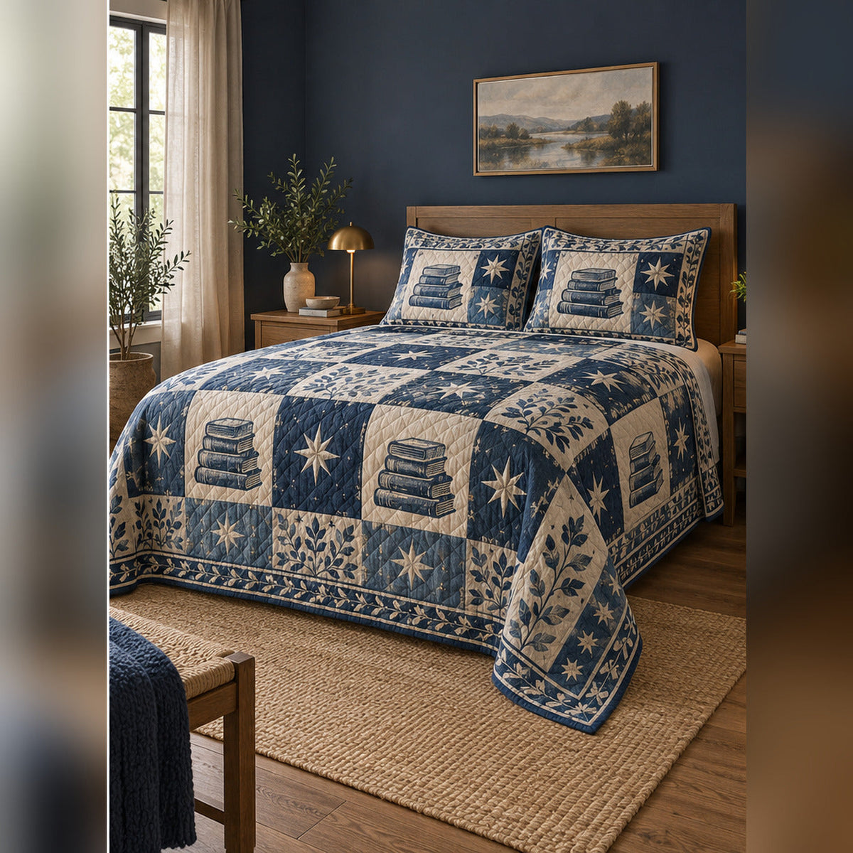 Indigo Book and Star Block Print Quilt Set, angled dark academia bedroom bedroom view
