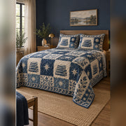 Indigo Book and Star Block Print Quilt Set, angled dark academia bedroom bedroom view