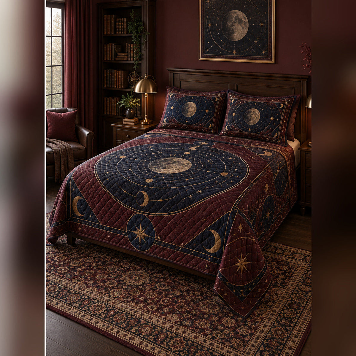 Burgundy Celestial Geometry Quilt Set, angled dark academia bedroom bedroom view