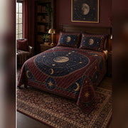Burgundy Celestial Geometry Quilt Set, angled dark academia bedroom bedroom view