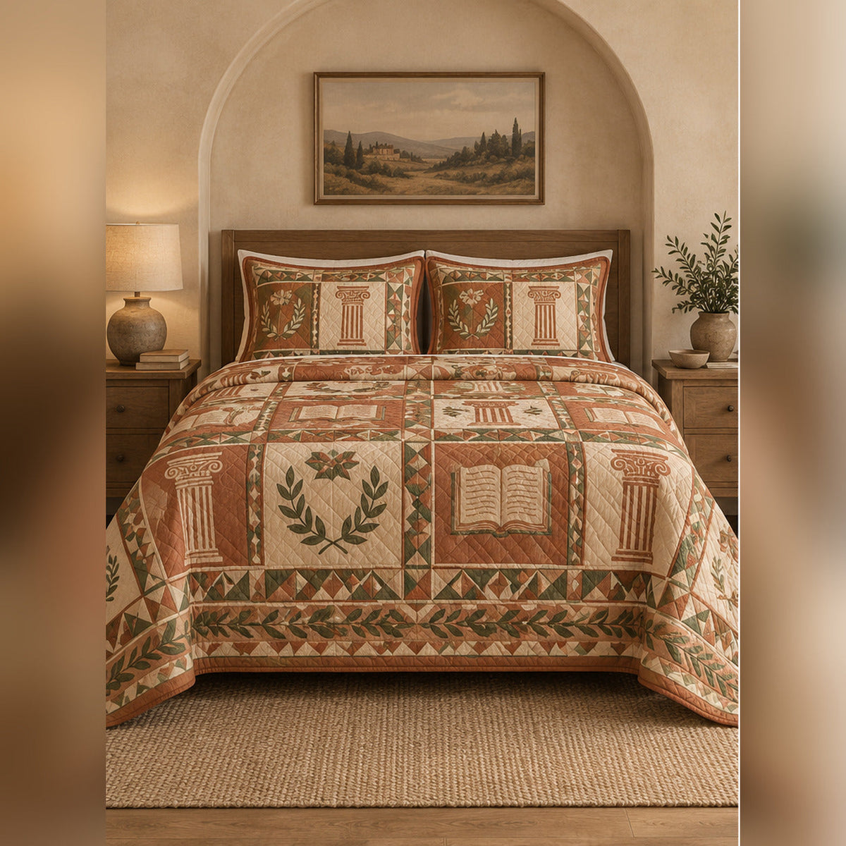 Terracotta Classical Study Quilt Set, front dark academia bedroom bedroom view