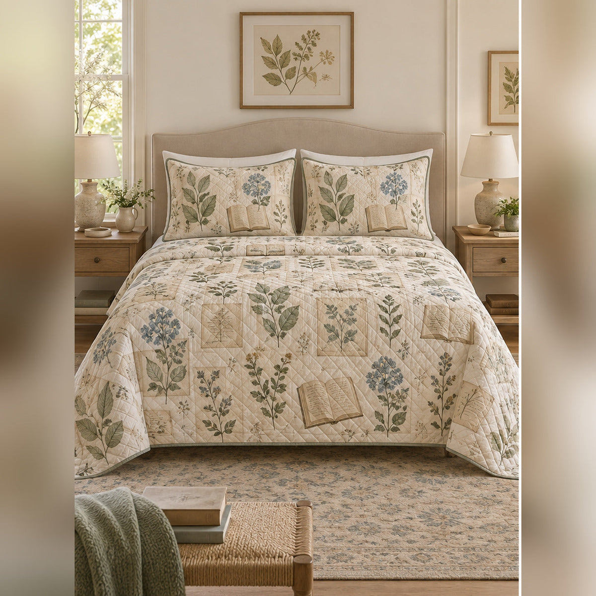 Light Academia Botanical Quilt Set, front dark academia bedroom bedroom view