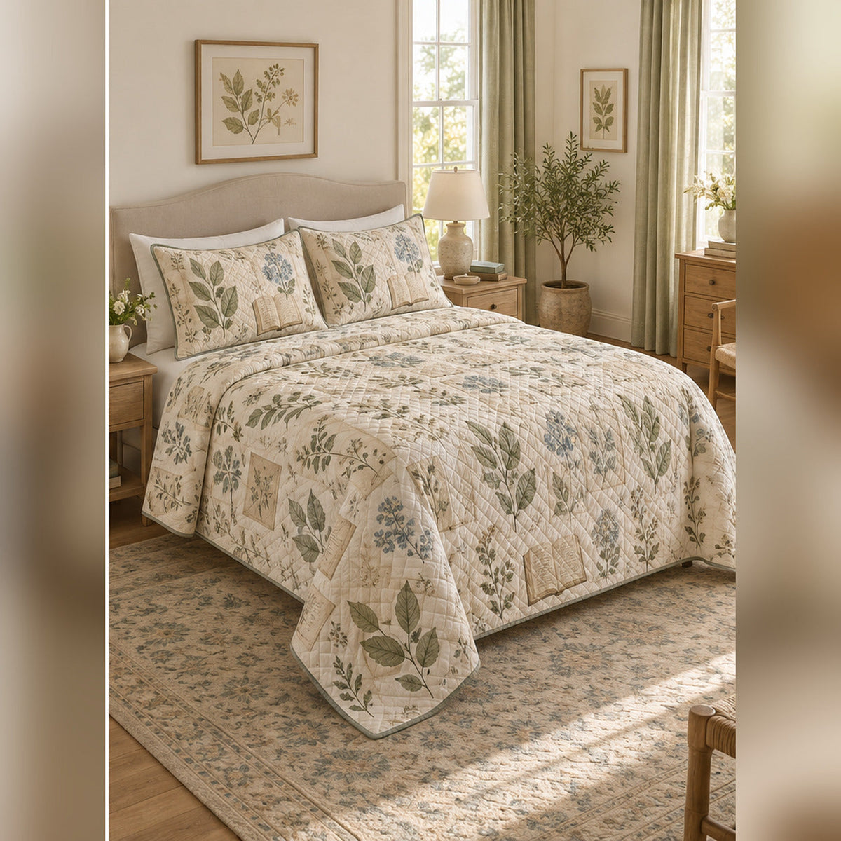 Light Academia Botanical Quilt Set, angled dark academia bedroom bedroom view