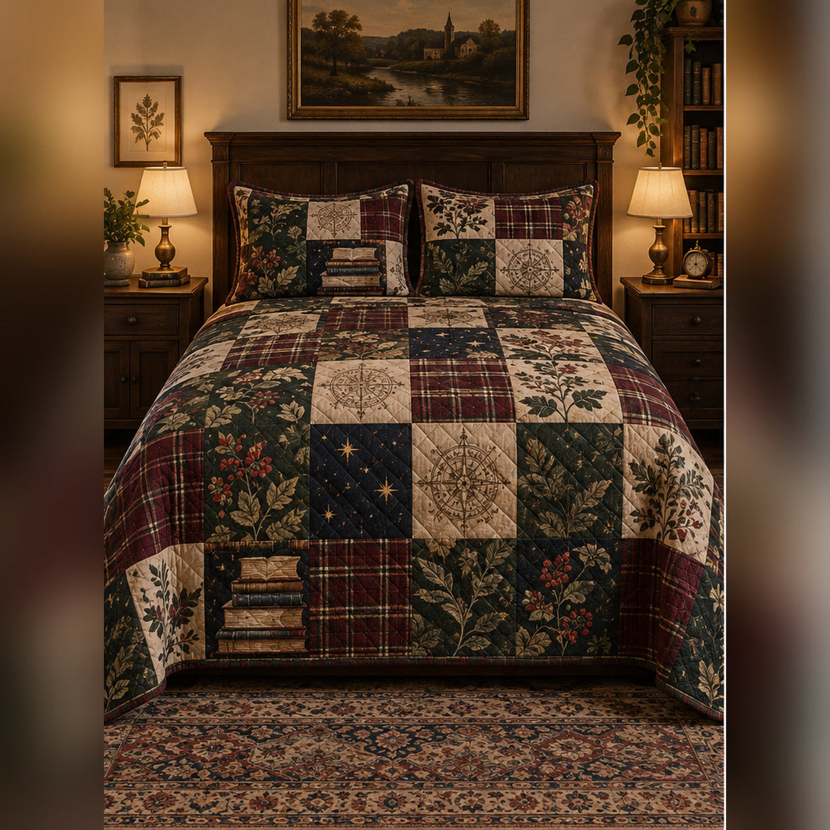 Heirloom Academia Patchwork Print Quilt Set, front dark academia bedroom bedroom view