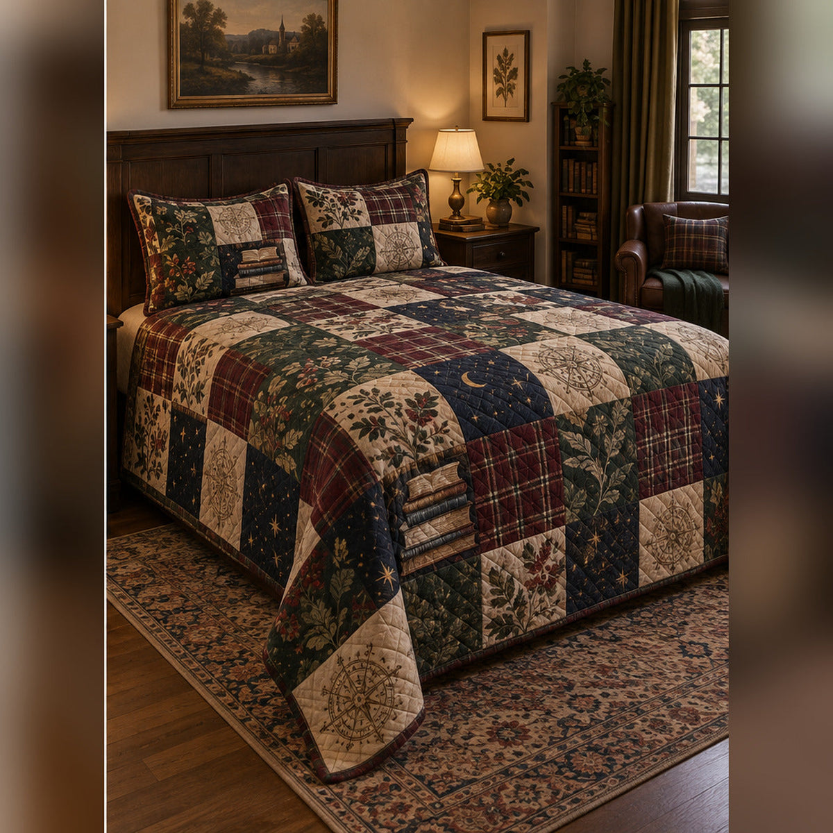 Heirloom Academia Patchwork Print Quilt Set, angled dark academia bedroom bedroom view
