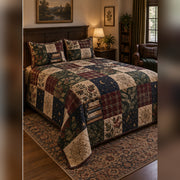 Heirloom Academia Patchwork Print Quilt Set, angled dark academia bedroom bedroom view