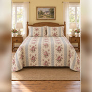English Cottage Rose and Stripe Quilt Set, front English cottage bedroom bedroom view