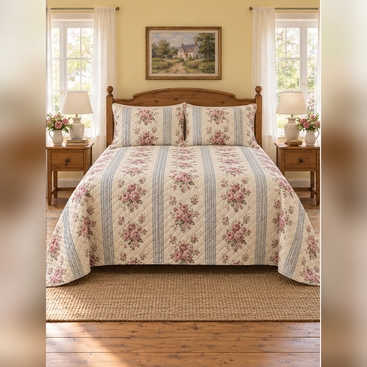 English Cottage Rose and Stripe Quilt Set, front English cottage bedroom bedroom view
