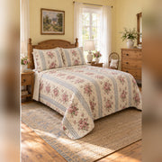 English Cottage Rose and Stripe Quilt Set, angled English cottage bedroom bedroom view