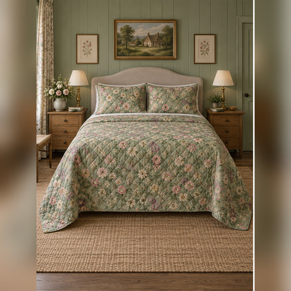 Sage Chintz Garden Quilt Set, front English cottage bedroom bedroom view