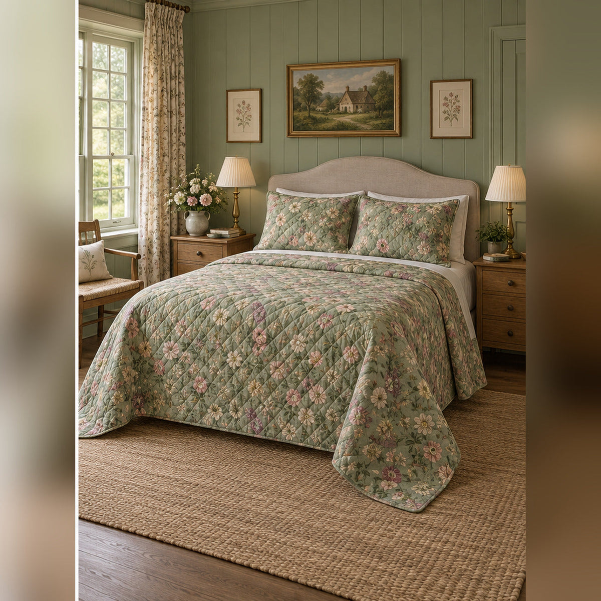 Sage Chintz Garden Quilt Set, angled English cottage bedroom bedroom view