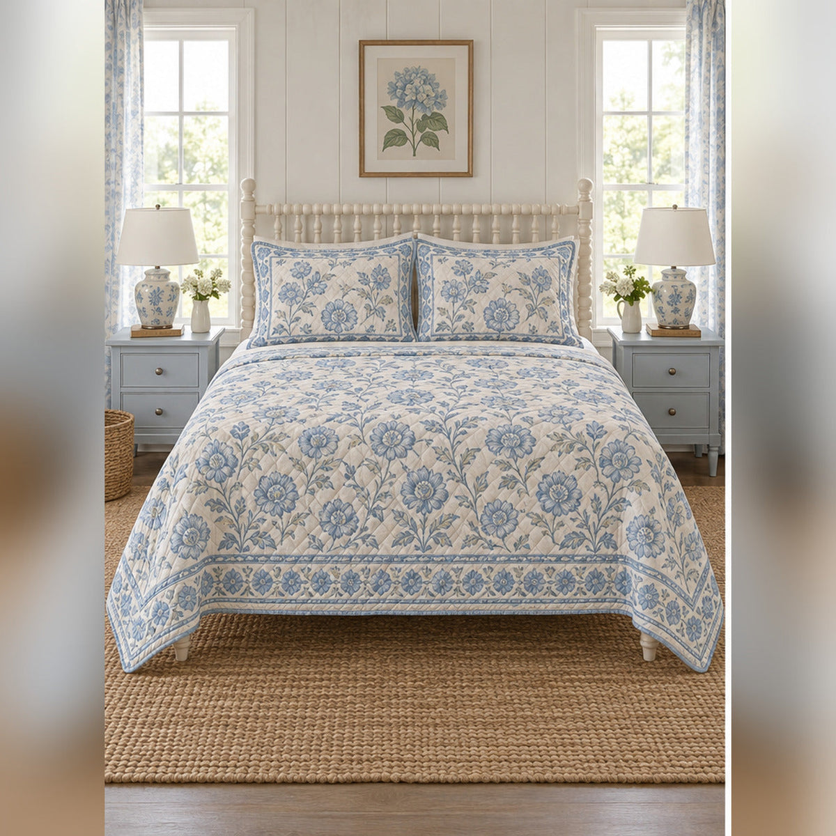Powder Blue Cottage Block Print Quilt Set, front English cottage bedroom bedroom view