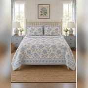 Powder Blue Cottage Block Print Quilt Set, front English cottage bedroom bedroom view