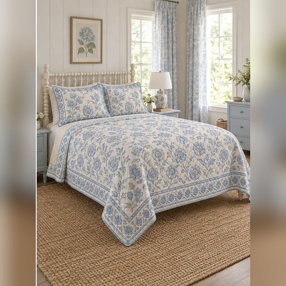Powder Blue Cottage Block Print Quilt Set, angled English cottage bedroom bedroom view