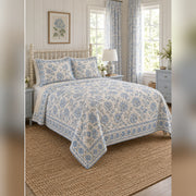 Powder Blue Cottage Block Print Quilt Set, angled English cottage bedroom bedroom view