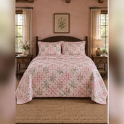 Pink Gingham Wildflower Quilt Set, front English cottage bedroom bedroom view