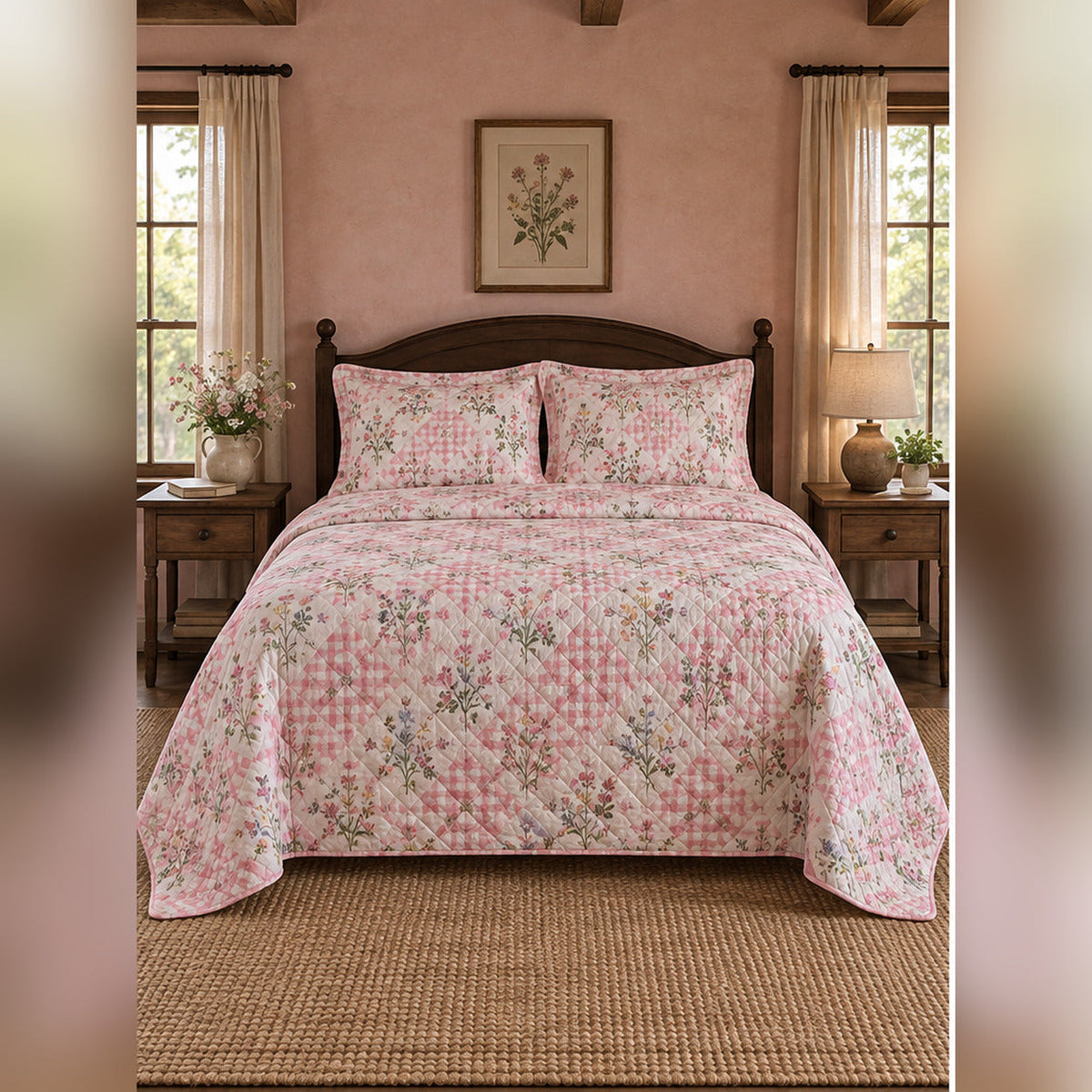 Pink Gingham Wildflower Quilt Set, front English cottage bedroom bedroom view
