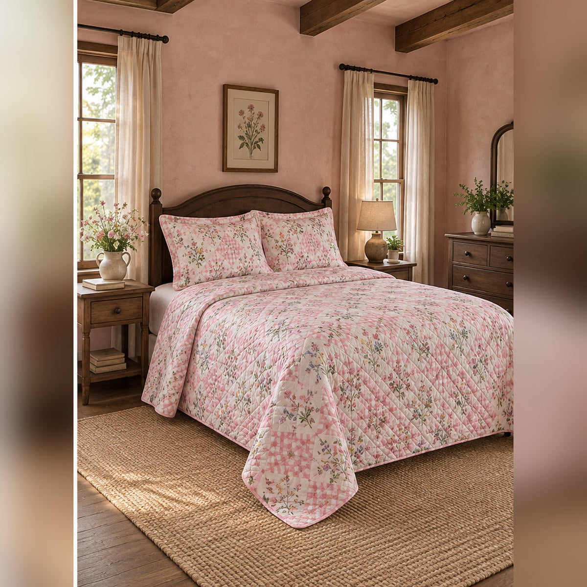 Pink Gingham Wildflower Quilt Set, angled English cottage bedroom bedroom view