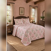 Pink Gingham Wildflower Quilt Set, angled English cottage bedroom bedroom view