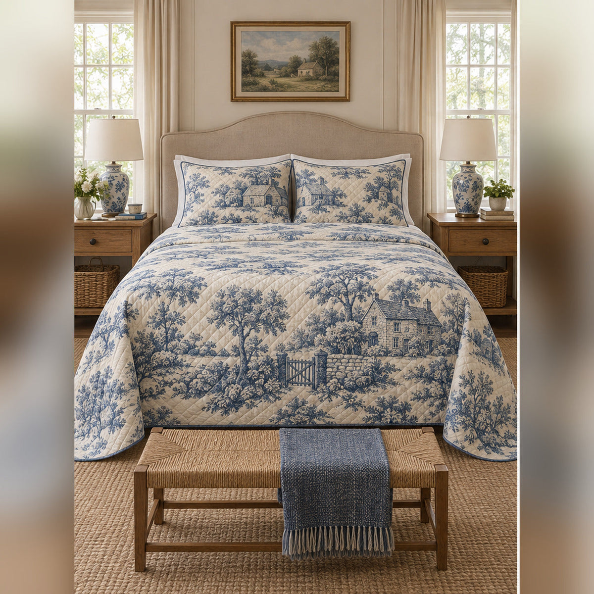English Countryside Toile Inspired Quilt Set, front English cottage bedroom bedroom view