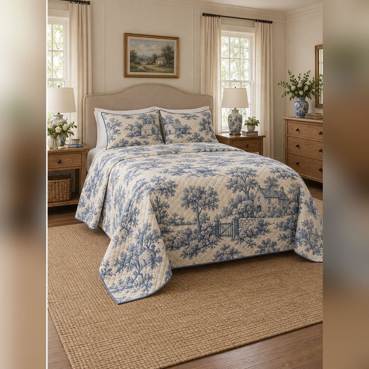 English Countryside Toile Inspired Quilt Set, angled English cottage bedroom bedroom view