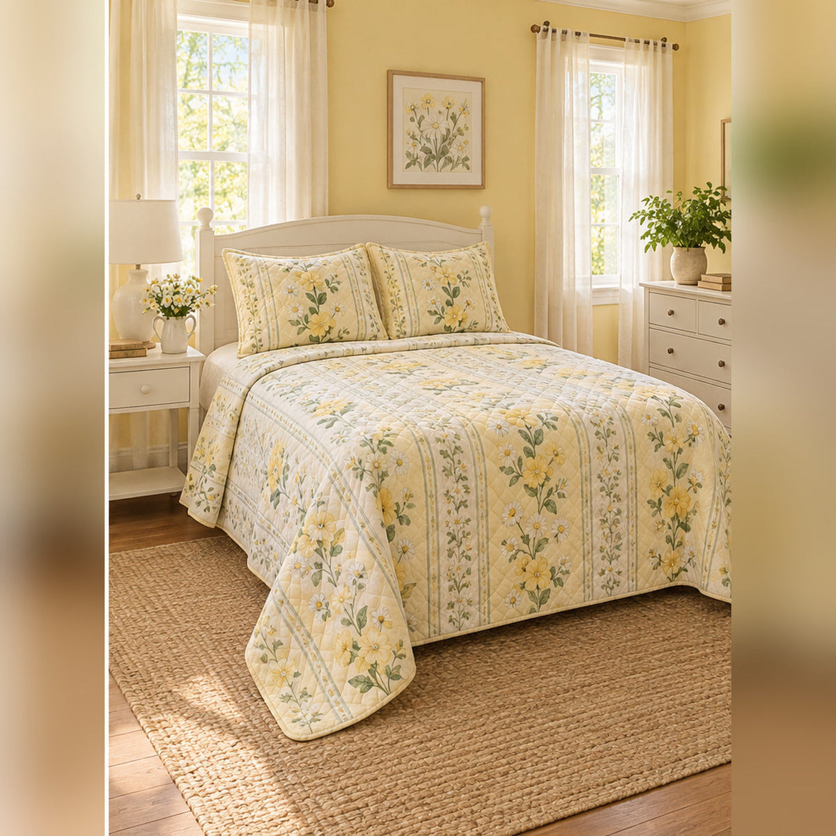 Buttery Yellow Primrose Quilt Set, angled English cottage bedroom bedroom view