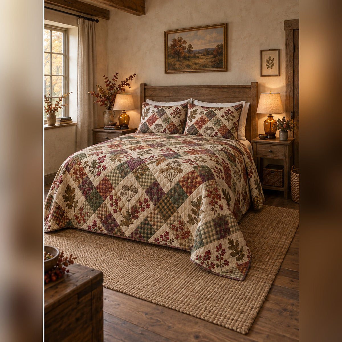 Autumn English Hedgerow Quilt Set, angled English cottage bedroom bedroom view