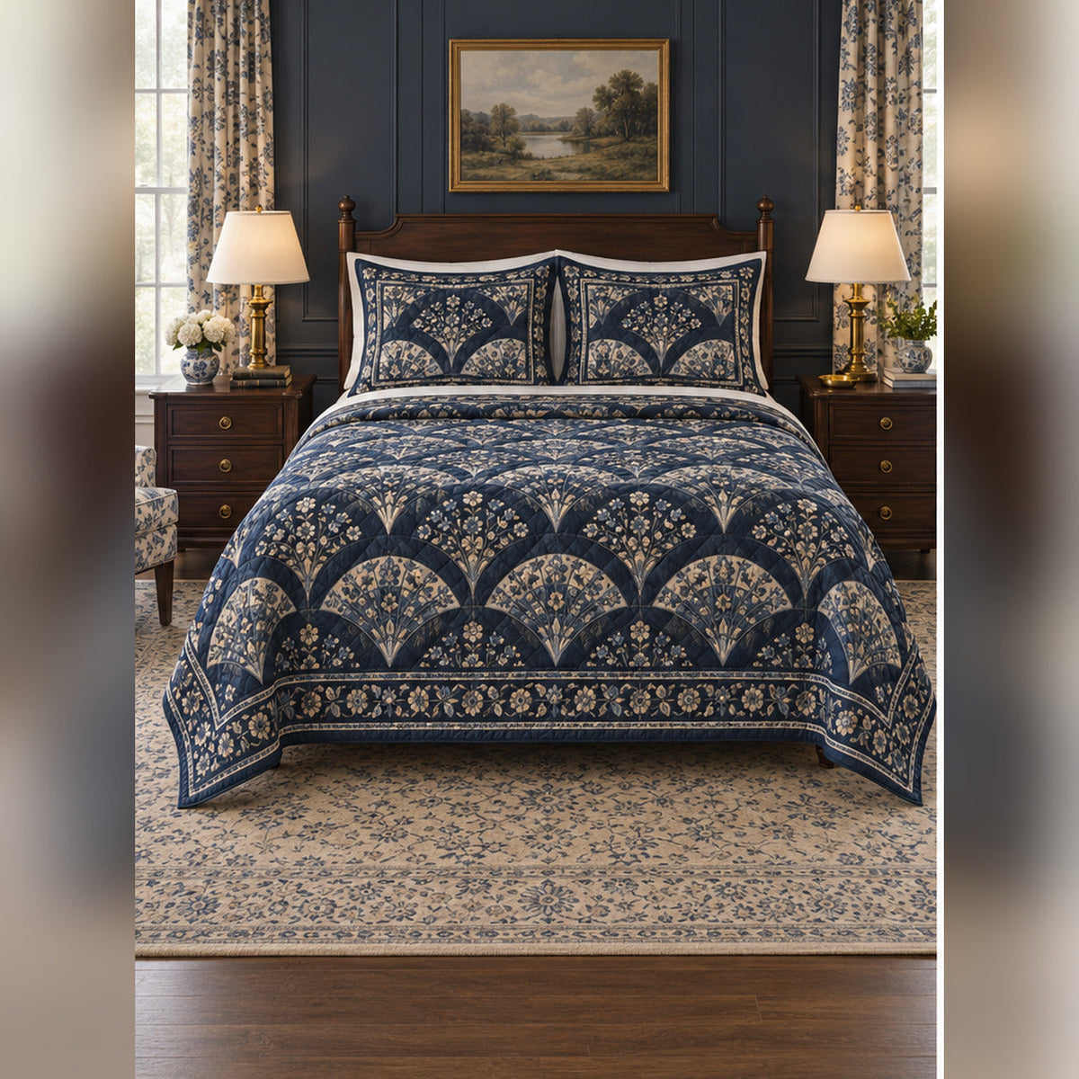 Navy Georgian Fan Floral Quilt Set, front English cottage bedroom bedroom view
