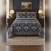 Navy Georgian Fan Floral Quilt Set, front English cottage bedroom bedroom view