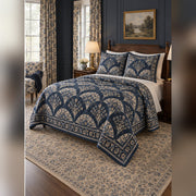 Navy Georgian Fan Floral Quilt Set, angled English cottage bedroom bedroom view