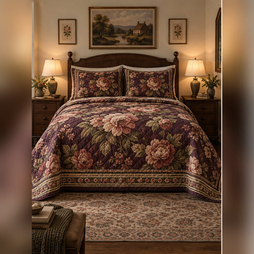 Aubergine Heritage Floral Quilt Set, front English cottage bedroom bedroom view