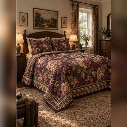 Aubergine Heritage Floral Quilt Set, angled English cottage bedroom bedroom view