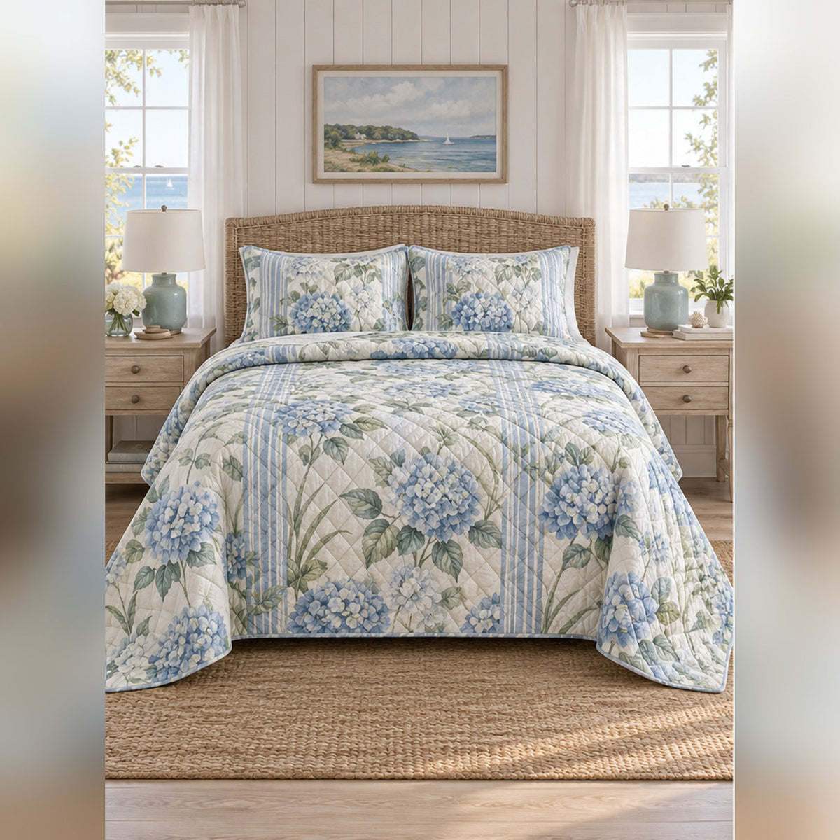 Coastal Cottage Hydrangea Quilt Set, front English cottage bedroom bedroom view