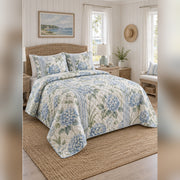 Coastal Cottage Hydrangea Quilt Set, angled English cottage bedroom bedroom view