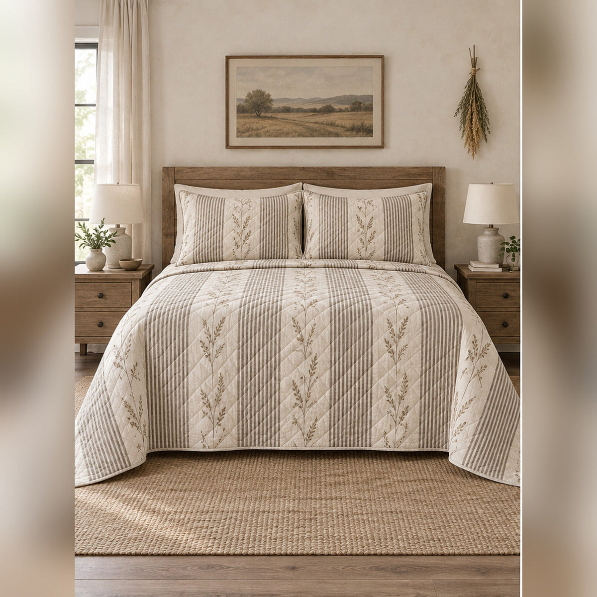 Warm Neutral Ticking Farmhouse Quilt Set, front farmhouse bedroom bedroom view