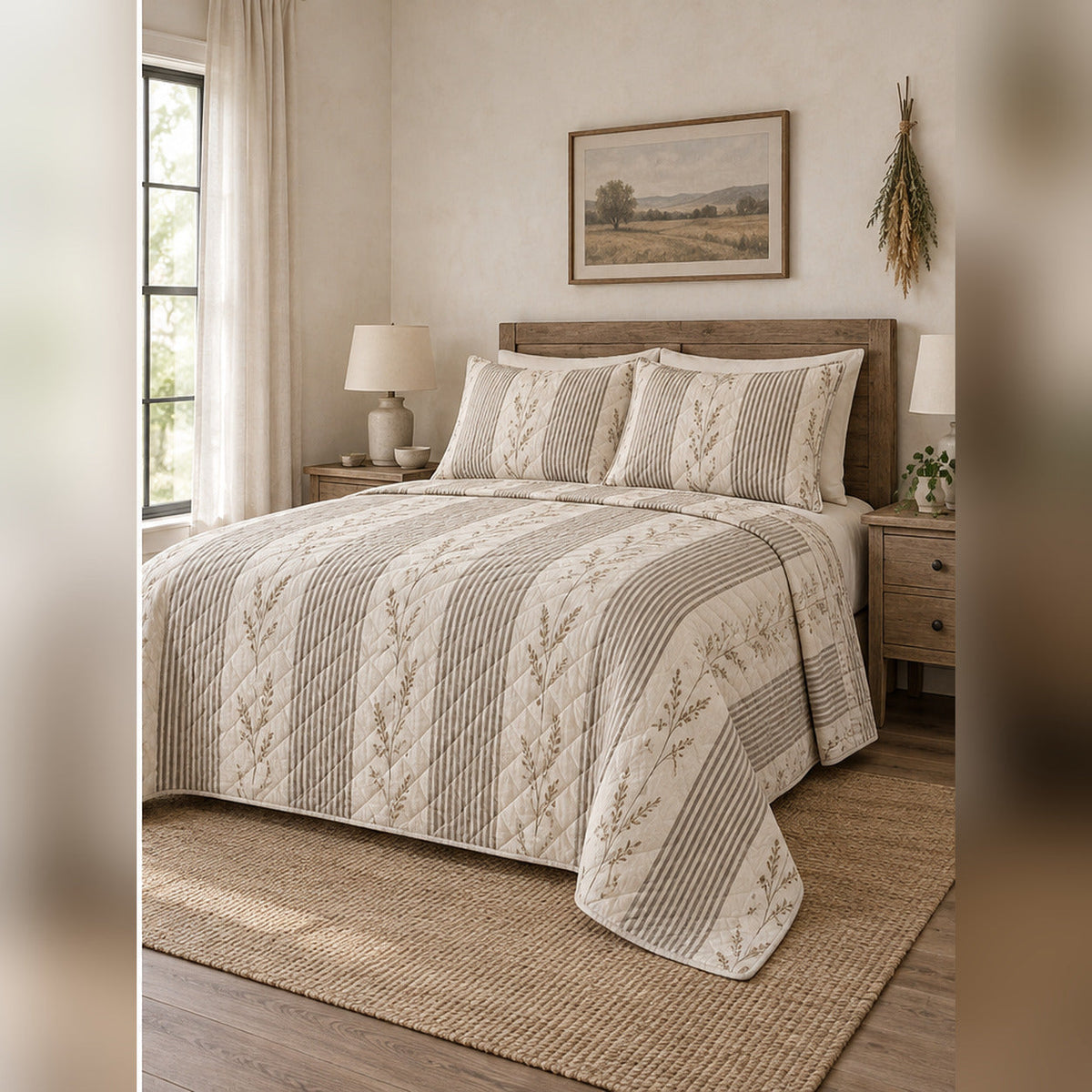 Warm Neutral Ticking Farmhouse Quilt Set, angled farmhouse bedroom bedroom view